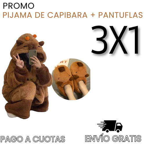 3X1: 2 PIJAMA DE CAPIBARA + PANTUFLAS