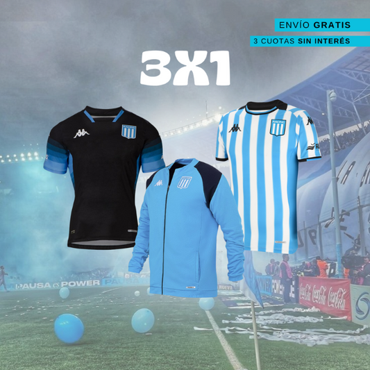 3x1: Campera Celeste + Camiseta Titular + Camiseta Suplente Negra de Racing Club