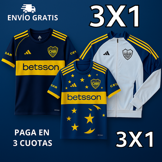 3x1 Boca Juniors: Buzo + Camiseta Titular + Camiseta Suplente