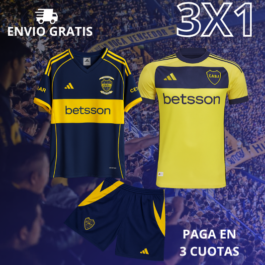 3X1 BOCA: Camiseta Titular + Suplente + Short Oficial